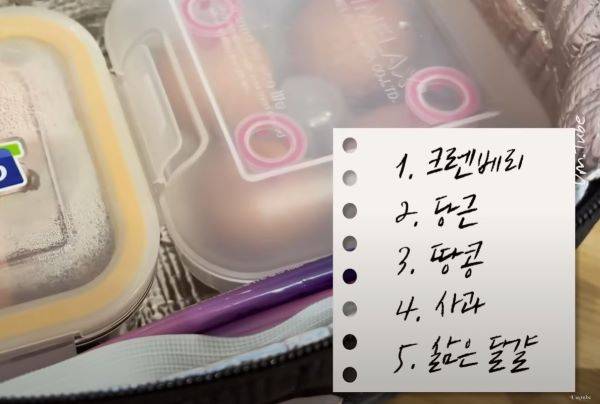 엄지원은 당근, 크랜베리, 사과, 땅콩, 달걀을 도시락으로 챙겨 다닌다/사진=엄지원 유튜브 캡처