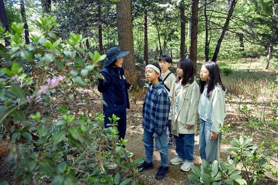 이주미 해설사(맨 왼쪽)가 소중 학생기자단에게 5월 광릉숲 유네스코 생물권보존지역에서 볼 수 있는 여러 동식물을 소개했다.