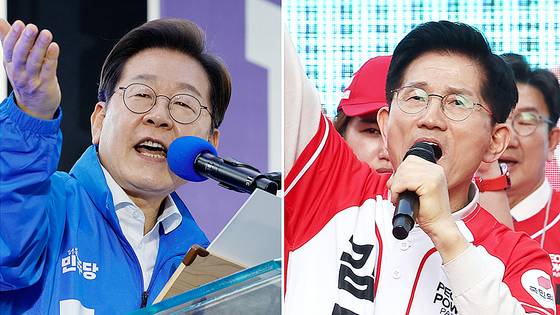 제21대 대통령 선출을 위한 공식 선거운동이 시작된 12일 더불어민주당 이재명 대선 후보(사진 왼쪽부터)가 대전 으능정이거리 스카이로드에서, 국민의힘 김문수 대선 후보가 대구 서문시장에서, 개혁신당 이준석 대선 후보가 서울 청계광장에서 지지를 호소하는 연설을 하고 있다. 연합뉴스