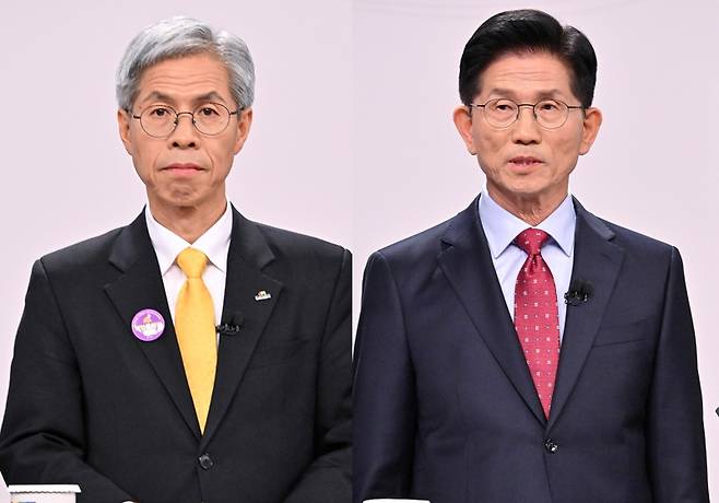 ▲ 18일 열린 제21대 대통령 선거 후보자 초청 1차 토론회에서 권영국 민주노동당 대선 후보(왼쪽)과 김문수 국민의힘 대선 후보(오른쪽)의 모습 [연합뉴스]&nbsp;