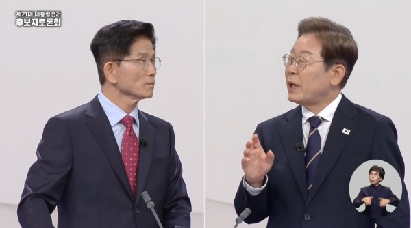 ▲2025년 5월 18일 중앙선거방송토론위원회 주관으로 진행된 제21대 대통령선거 초청1차 후보자토론회. 왼쪽부터 국민의힘 김문수, 더불어민주당 이재명 후보. 사진=중앙선거방송토론위원회 유튜브