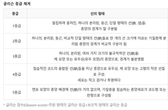 전립선암의 악성도를 가리는 글리슨 등급 기준표.  /자료=국가암정보센터