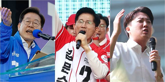 제21대 대통령 선출을 위한 공식 선거운동이 시작된 12일 이재명 더불어민주당 대선후보(사진 왼쪽부터)가 대전 으능정이거리 스카이로드, 김문수 국민의힘 대선후보가 대구 서문시장, 이준석 개혁신당 대선후보가 서울 청계광장에서 지지 호소 연설을 하는 모습. [연합]