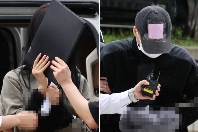 축구 국가대표팀 주장 손흥민의 아이를 임신했다고 주장하며 손씨에게 돈을 뜯어내려 한 20대 여성 양모(왼쪽)씨와 40대 남성 용모씨가 17일 영장실질심사를 받기 위해 서울중앙지법에 들어서고 있다. 연합뉴스