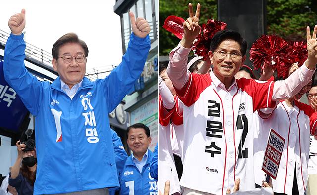 20일 더불어민주당 이재명(왼쪽) 대선 후보가 경기 의정부 로데오거리에서, 국민의힘 김문수 대선 후보가 서울 서초구 고속터미널역 인근에서 집중유세를 하고 있다./연합뉴스/