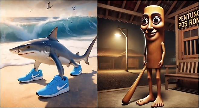 이탈리안 브레인롯 밈의 대표 캐릭터인 '트랄랄레로 트랄랄라'(왼쪽)와 '퉁퉁퉁퉁퉁퉁퉁퉁퉁 사후르'의 모습. (온라인 커뮤니티 갈무리)