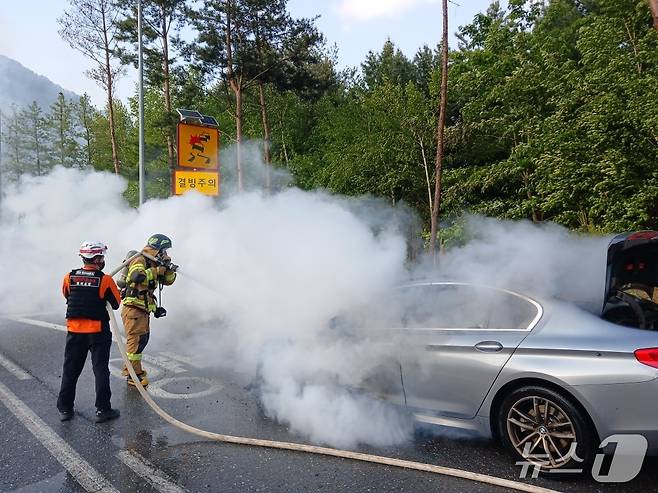 (봉화=뉴스1) 신성훈 기자 = 19일 오후 5시 38분쯤 경북 봉화군 석포면 대현리 한 지방도에서 주행 중이던 승용차에 불이나 소방 당국이 진화하고 있다.(경북소방본부 제공. 재판매 및 DB 금지)2025.5.20/뉴스1