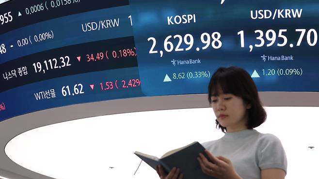 16일 오전 서울 중구 하나은행 본점 딜링룸 현황판에 코스피, 원/달러 환율, 나스닥, 미국 서부 텍사스산 원유(WTI) 지수가 표시돼 있다. /연합뉴스