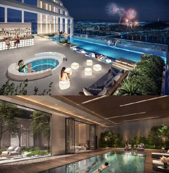 HDC현대산업개발이 서울 서초구 방배 신삼호아파트 재건축 입찰에 제시한 3가지 유형의 수영장 중 '인피니티 스퀘어 풀'(위쪽)과 '메종7'(아래쪽). [HDC현대산업개발 제공]