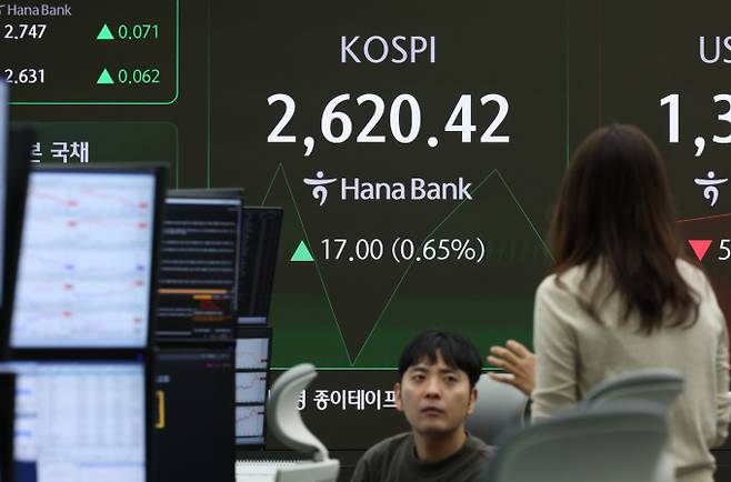 20일 코스피가 장 초반 보합권 등락한다. 사진은 이날 오전 서울 중구 하나은행 딜링룸 전광판./사진=뉴시스