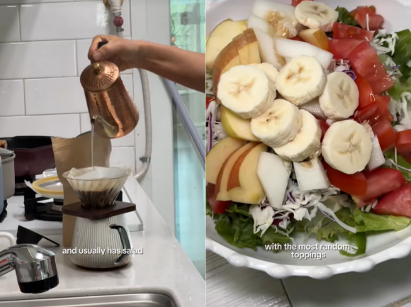 한나씨의 아버지가 아침에 먹는 블랙커피(왼쪽)와 샐러드. ‘hanabananakor’ 캡처