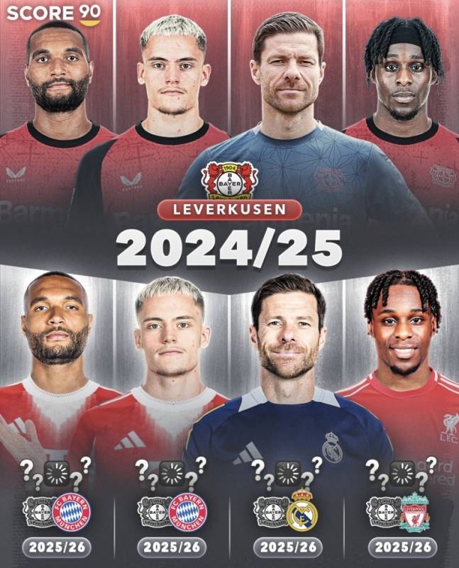 2024~2025시즌을 마친 뒤 바이어 레버쿠젠을 떠날 것이 유력한 선수·감독들. 왼쪽부터 요나단 타, 플로리안 비르츠, 사비 알론소 감독, 제레미 프림퐁. /사진=스코어90 SNS 캡처