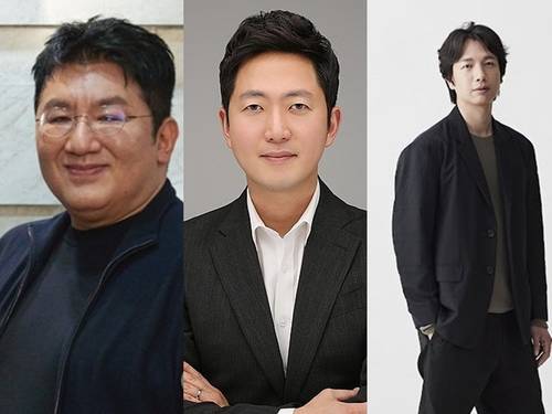 왼쪽부터 하이브 방시혁 의장·이재상 CEO·신영재 대표 [하이브 제공. 재판매 및 DB 금지]