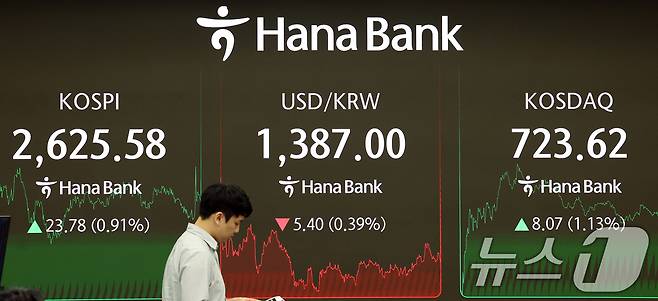 21일 서울 중구 하나은행 본점 딜링룸 전광판에 시황이 표시되고 있다. 2025.5.21/뉴스1 ⓒ News1 김명섭 기자