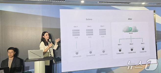 캐서린 장(Katherine Chiang) 시놀로지 마케팅 매니저가 컴퓨텍스 2025 시놀로지 클라우드 기반 VSaaS 플랫폼 C2 Surveillance Station 발표 미디어 이벤트에서 발언하고 있다. 2025.5.21뉴스1 ⓒ News1 김민석 기자