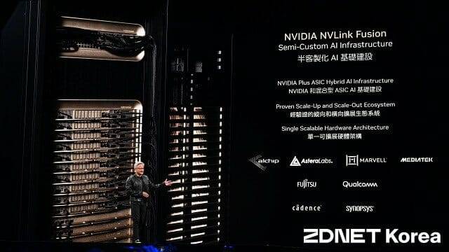 엔비디아 맞춤형 AI 반도체 연결 기술 'NV링크 퓨전' 슬라이드. (사진=지디넷코리아)