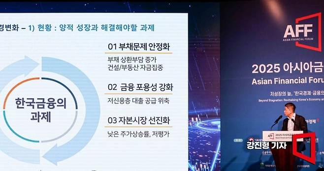 안창국 금융위원회 금융산업국장이 21일 서울 중구 조선호텔에서 아시아경제 주최로 열린 '2025 아시아금융포럼'에 참석해 ‘은행, 보험 등 한국 금융산업의 지속적인 발전 방향’이란 주제로 특별강연 하고 있다. 2025.5.21. 강진형 기자