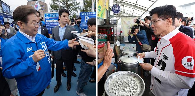16일 전북 익산 유세에서 지지자가 건넨 저서에 사인을 해주는 더불어민주당 이재명 대선후보(왼쪽 사진)와 경기 수원시 지동시장 유세에서 상인과 대화하는 국민의힘 김문수 대선후보(오른쪽 사진). /연합뉴스