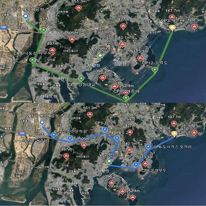 부산 내 UAM 상용화를 위해 부산테크노파크 등 컨소시엄이 연구 중인 UAM 코스. 위는 관광형 코스, 아래는 여객형 코스다. 부산테크노파크 제공