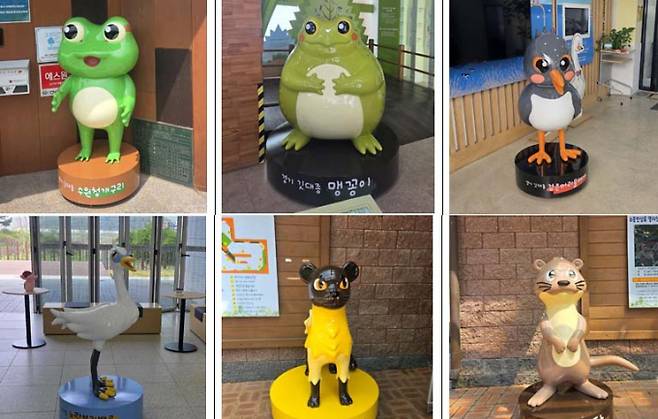 수원 칠보생태환경체험교육관 등 9곳에 설치한 경기도 깃대종 조형물. (위쪽 왼쪽부터) 수원 청개구리, 맹꽁이, 검은머리물떼새, (아래쪽) 노랑부리백로, 담비, 수달 캐릭터 모습. /사진제공=경기도