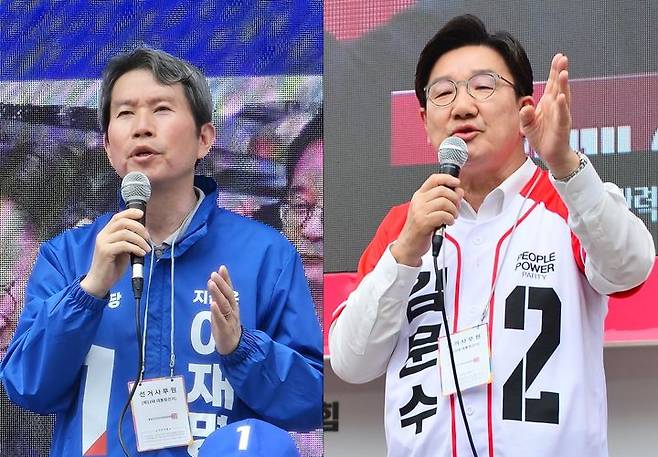 21일 충북 청주에서 지원 유세하는 이인영(왼쪽) 더불어민주당 골목골목 충청선대위원장과 권성동 국민의힘 중앙당 공동선대위원장.  *재판매 및 DB 금지