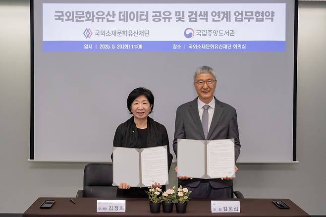 업무협약식 모습 왼쪽부터 김정희 국외소재문화유산재단 이사장, 김희섭 국립중앙도서관장 [국외소재문화유산재단 제공. 재판매 및 DB 금지]