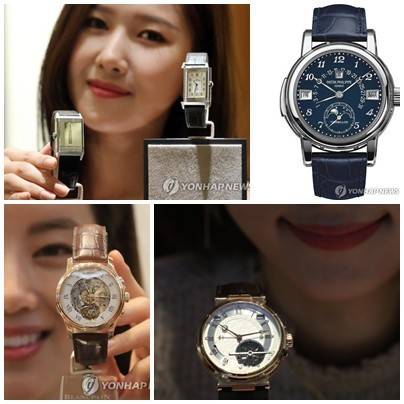 초고가 명품시계 왼쪽 상단부터 시계방향으로 예거 르쿨트르, 파텍 필립, 브레게, 블랑팡의 초고가 라인. [연합뉴스 자료 사진. 재배포 DB 금지]