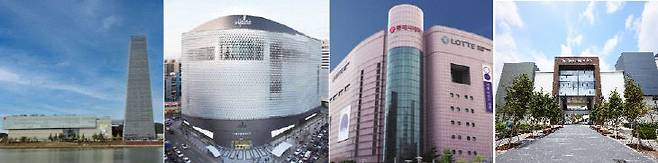 대전 백화점. 왼쪽부터 대전신세계 Art&Science, 갤러리아백화점 타임월드, 롯데백화점 대전점, 현대프리미엄아울렛 대전점.