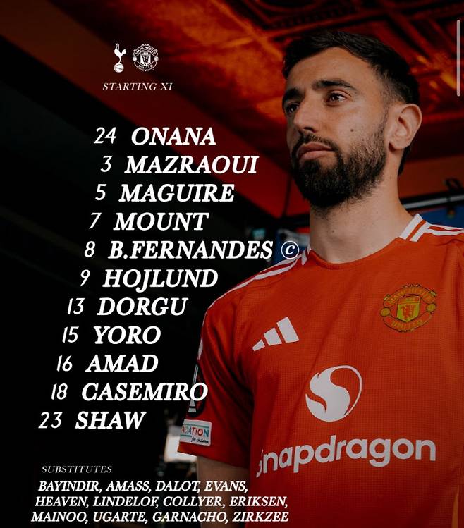 맨유 선발 라인업. 사진=맨체스터 유나이티드