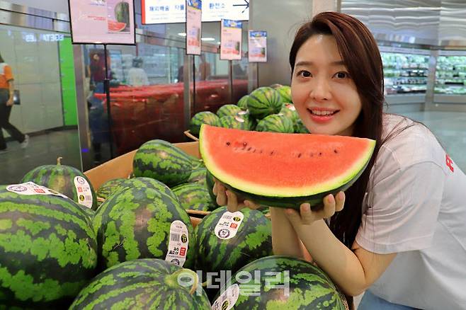 롯데마트 제타플렉스 서울역점에서 AI 수박을 홍보하는 모델의 모습 (사진=롯데마트)