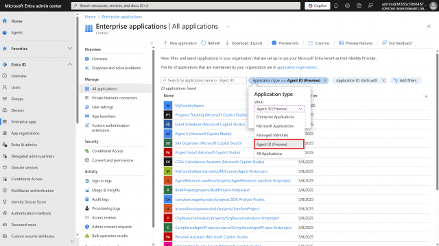 에이전트 신원은 관리자 센터의 '엔터프라이즈 애플리케이션' 영역에서 확인할 수 있다. (사진=마이크로소프트)