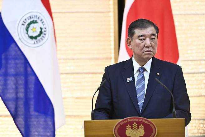 이시바 시게루 일본 총리가 21일 기자회견에 참석하고 있다. 미국 CBNC에 따르면 일본 30년물 국채 금리는 22일 오전 9시32분 현재 전일 대비 0.025%포인트 오른 3.169%를 기록 중이다. EPA연합뉴스