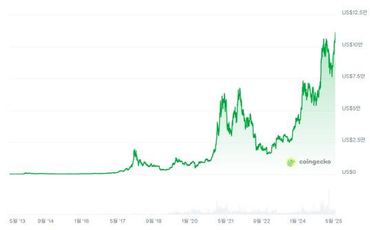 최근 10년간 비트코인 가격 변동 추이. [코인게코 캡처]