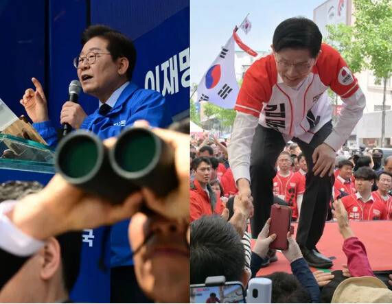 이재명 더불어민주당 대통령 후보와 김문수 국민의힘 대통령 후보가 지난 13일 각각 경북 구미역 광장과 울산 남구 뉴코아아울렛 앞에서 지지를 호소하고 있다. 공동취재사진