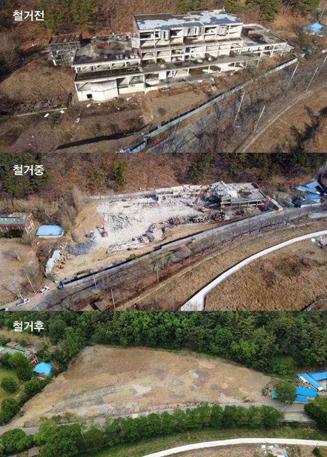 대구 달성군 논공읍 하리 옛 약산온천호텔 철거 과정 모습. 달성군 제공