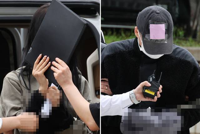 ▲ 축구 국가대표팀 주장 손흥민의 아이를 임신했다고 주장하며 손씨에게 돈을 뜯어내려 한 20대 여성 양모씨(왼쪽)와 40대 남성 용모씨가 지난 17일 영장실질심사를 받기 위해 서울중앙지법에 들어서고 있다. 연합뉴스