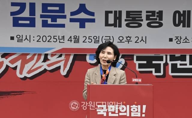 ▲ 국민의힘 김문수 대선 경선 후보의 부인 설난영 씨가 지난달 25일 춘천 국민의힘 강원도당에서 열리는 ‘김문수 지지 및 시국선언 발표회’에 참석해 인사말을 하고 있다. 방도겸 기자