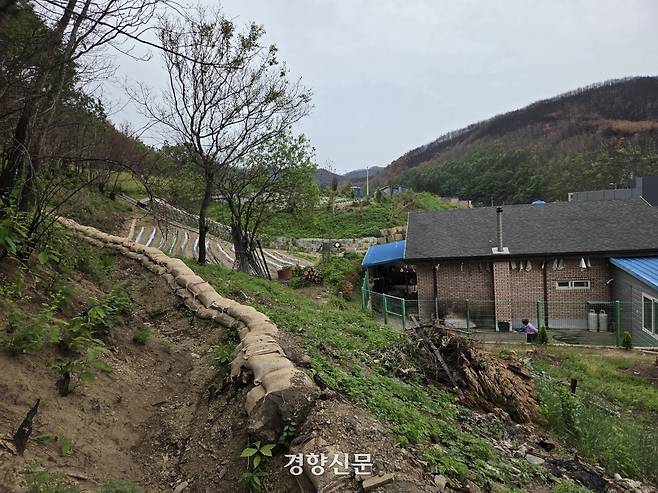 안동시 임하면 추목리 한 마을에서 지난 21일 산사태 예방을 위한 모래주머니가 쌓여 있다. 김현수 기자