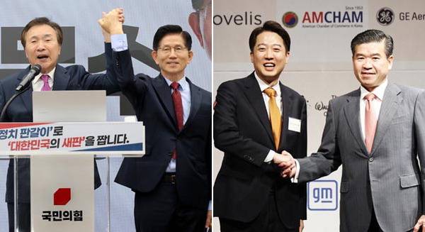 손학규 전 바른미래당 대표가 22일 국민의힘 중앙당사에서 김문수 대선 후보의 손을 잡고 지지 선언을 하고 있다. 오른쪽 사진은 개혁신당 이준석 대선 후보가 이날 서울의 한 호텔에서 열린 주한미국상공회의소(암참) 간담회에서 제임스 김 암참 회장과 인사하는 모습.  김정록 기자 연합뉴스