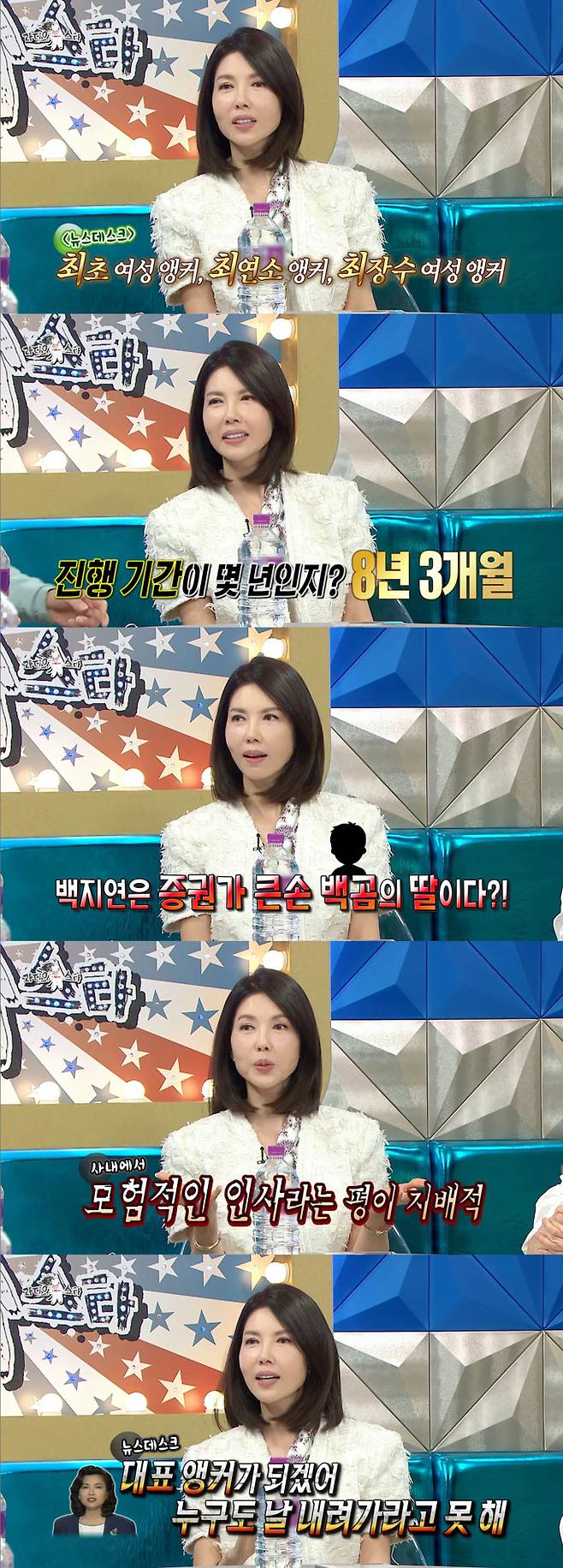 아나운서 출신 방송인 백지연이 MBC 최초, 최연소, 최장수 '뉴스데스크' 앵커로 활약했다며, 첫 앵커 발탁 당시 반응을 전했다. /사진=MBC '라디오스타' 방송 화면