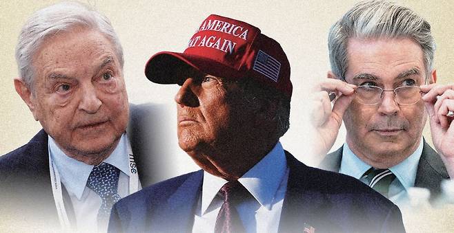 (왼쪽부터) 조지 소로스 소로스펀드 매니지먼트 회장, 도널드 트럼프 미 대통령, 스콧 베센트 재무장관 [AFP]