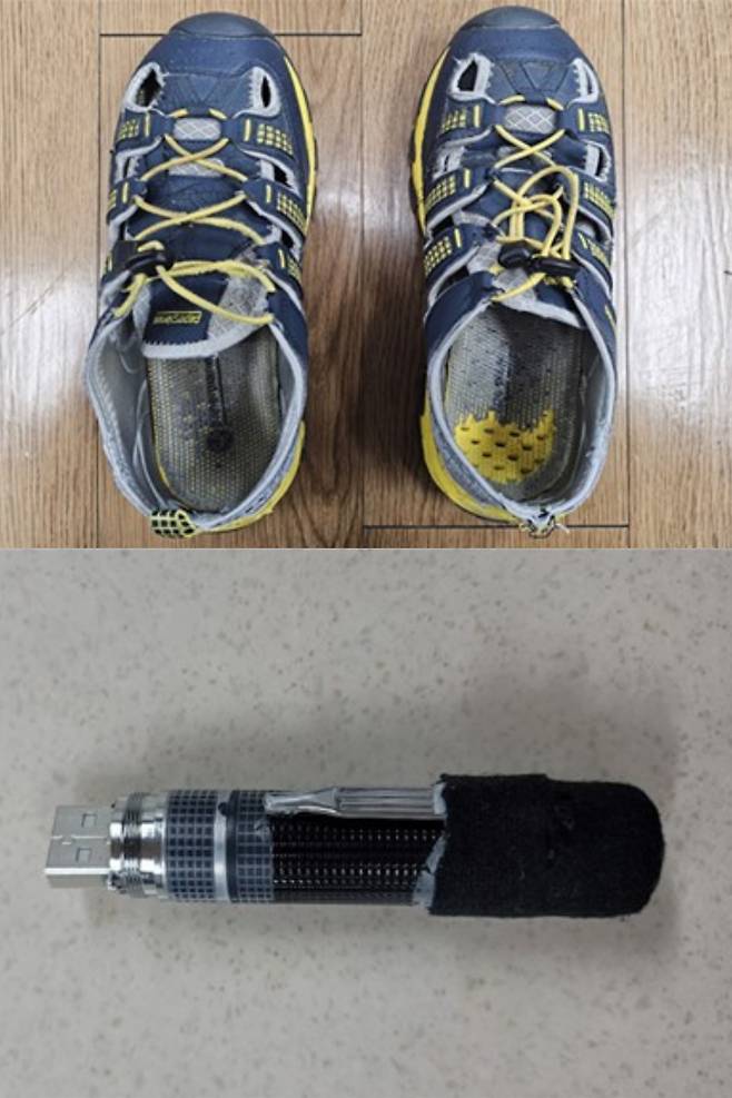 피의자 A씨가 범행에 사용한 신발과 볼펜형 카메라 [국토교통부 철도특별사법경찰대 제공]