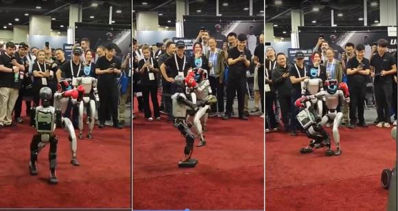 빨간색 글러브를 착용한 유니트리 G1 휴머노이드 로봇이 알려지지 않은 업체 로봇과 비공식 격투를 벌이고 있다. 출처=소셜미디어