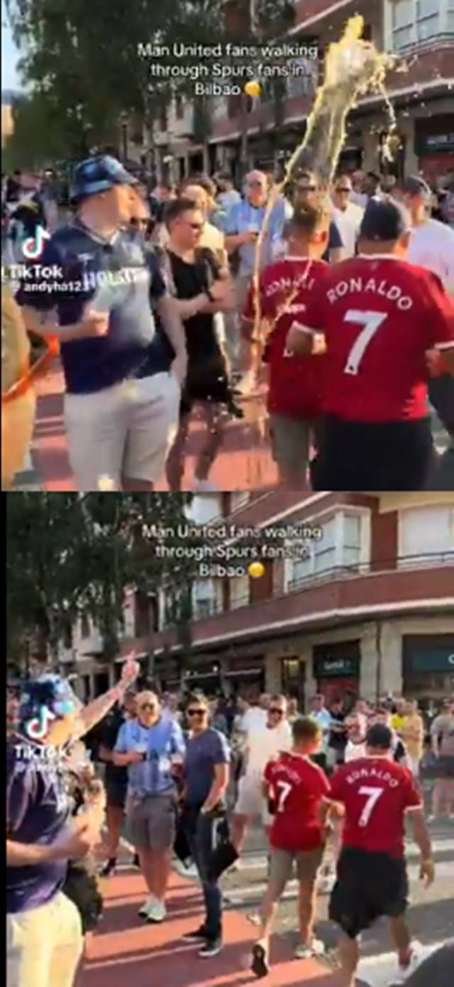 맨유 팬들에게 맥주를 뿌리는 토트넘 팬들. /사진=코트오프사이드 캡처