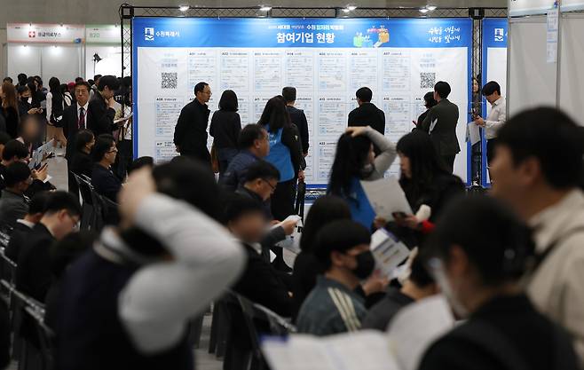 지난달 9일 경기 수원시 영통구 수원컨벤션센터에서 열린 '2025 수원 일자리박람회'에서 구직자들이 참여기업 현황판을 살펴보고 있다. /뉴스1