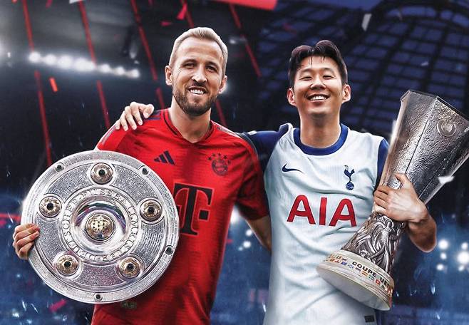 손흥민(토트넘·오른쪽)과 해리 케인(바이에른 뮌헨)이 각각 유럽축구연맹(UEFA) 유로파리그와 독일 분데스리가에서 우승하며 무관 탈출에 성공한 것을 축하하는 합성 사진. 사진 출처 블리처리포트 인스타그램
