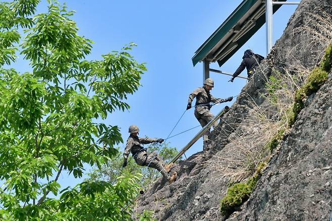 육군은 23일 각 병과학교에서 '신임장교 지휘참모과정' 교육훈련에 매진 중인 장병들의 모습을 공개했다.육군보병학교 신임장교들이 유격훈련 중 산악장애물 극복을 위한 후면하강 훈련을 하고 있다. 육군 제공