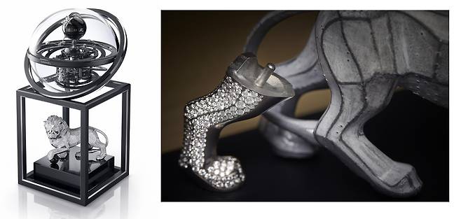 다이아몬드 아스트로 클락과 탁상시계에 들어가는 사자 조각상 제작 과정. 9개 파트로 나뉜 조각상에 다이아몬드를 세팅하는 데만 565시간이 걸린다. 사진 샤넬