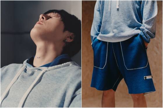 에어브러싱 처리된 오가닉 코튼 후드 스웨터를 입은 pH-1. 오른쪽은 나일론·오가닉 코튼으로 구성된 더블 페이스 소재의 니트 쇼츠. 사진 스톤 아일랜드