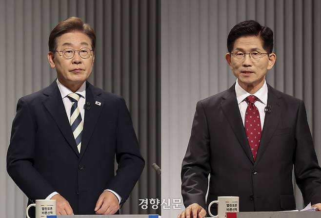 이재명 더불어민주당 대선 후보(왼쪽)와 김문수 국민의힘 대선 후보가 23일 서울 여의도 KBS 스튜디오에서 사회 분야를 주제로 2차 TV토론을 하고 있다. 국회사진기자단